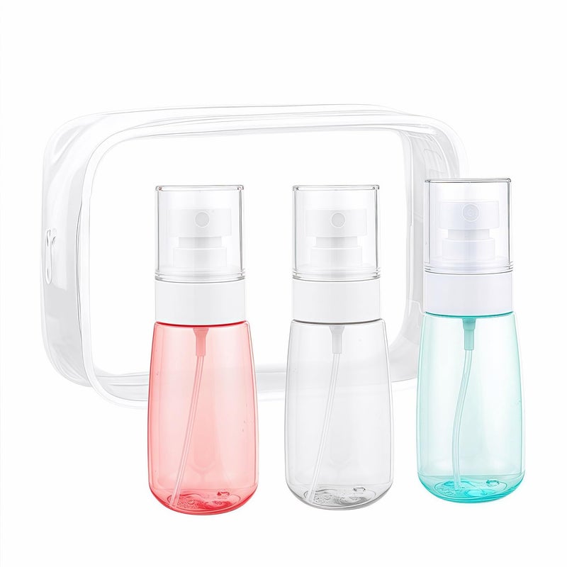 Vonpri Small Spray Bottle Travel Size 2oz/60ml with PVC Zip bag, Leak Proof Fine Mist Mini Empty Spray Bottles for Perfume Toners Rose Water (Blue Pink Clear, 60ml 3Pack) - Image 1